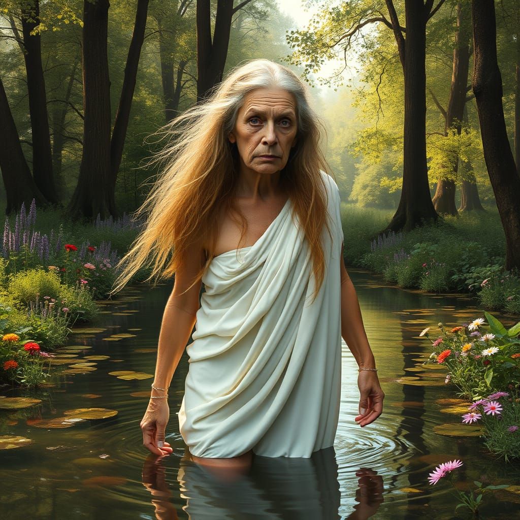 Elderly Goddess in Serene Woodland, as Diana, with Deep Wrin...