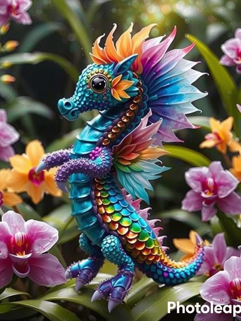 Iridescent Metallic Seahorse Soaring Through Dreamy Landscap...