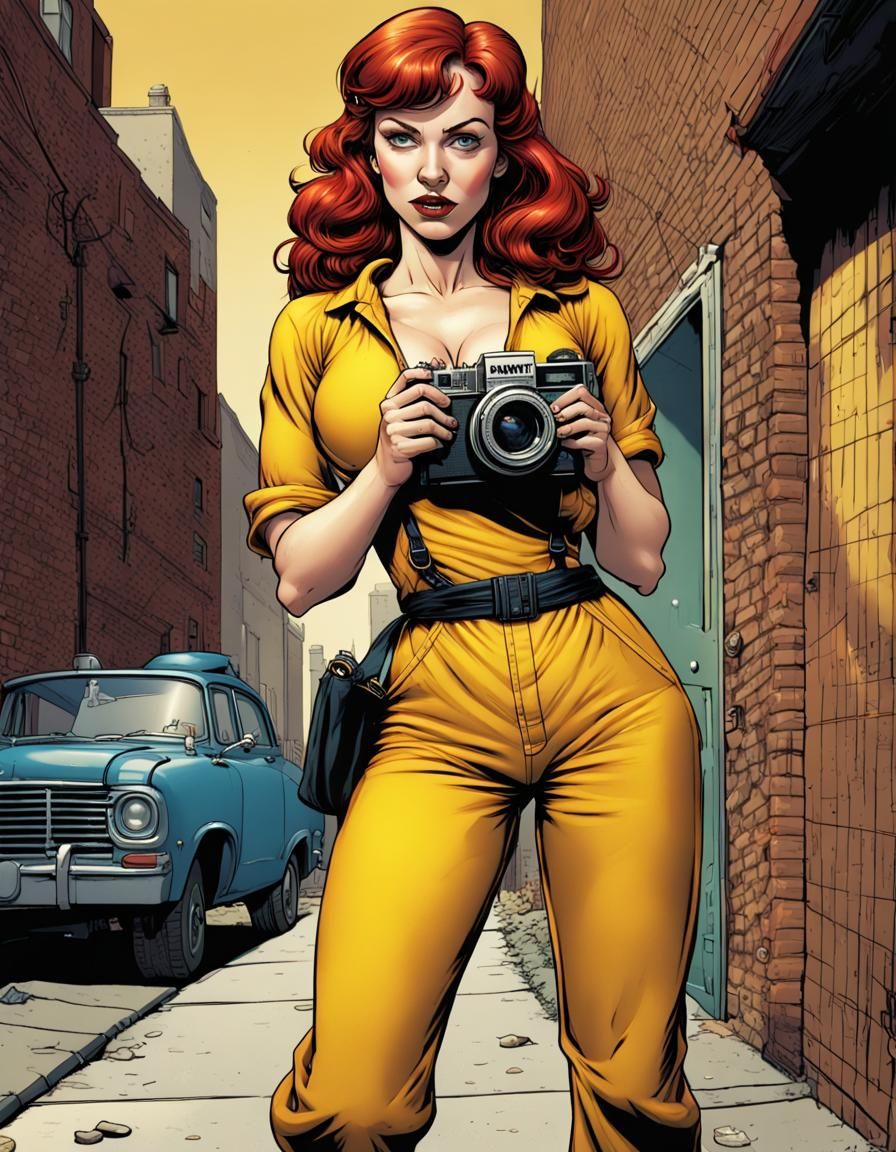 Voluptuous Redhead in Alleyway, Comic Book Art