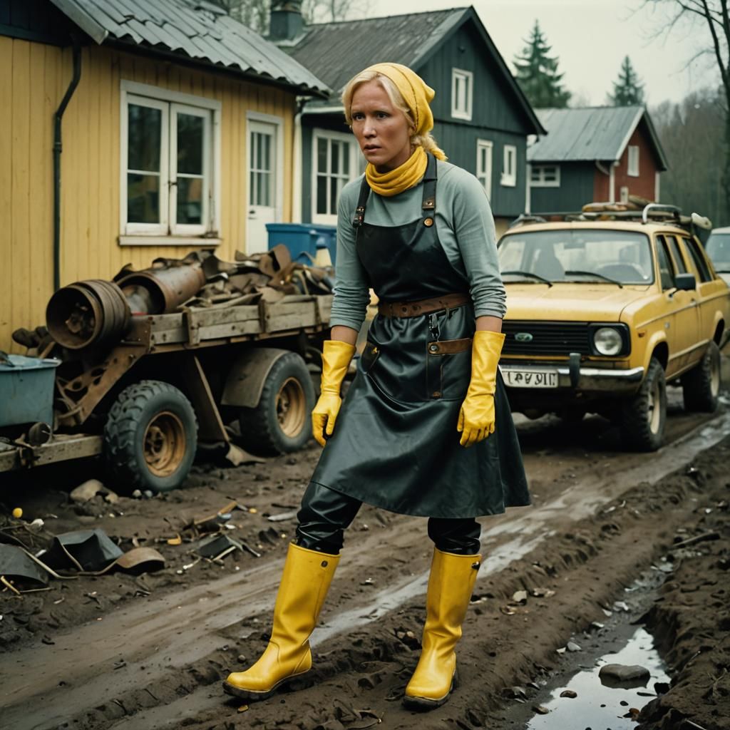Exhausted Young Woman in Cleaning Attire: Film Still