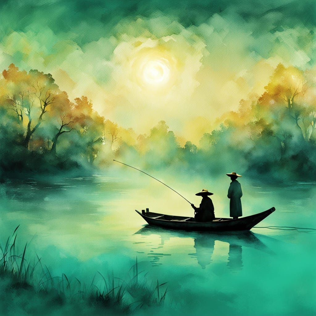 Fisherman on Turquoise River in Impressionist Style