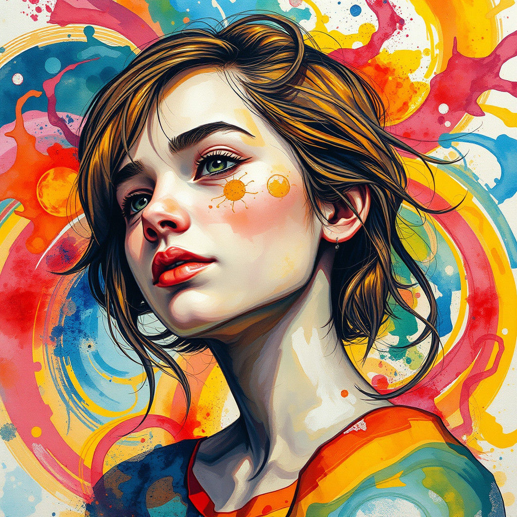 Polychromatic Woman in Solar Punk Watercolor Dreamscape