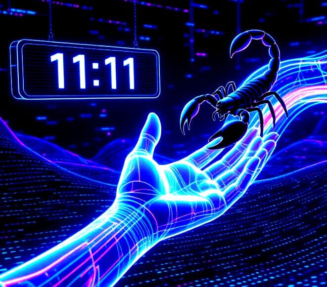 Surreal Digital Sign: 11:11 in Data Stream Landscape