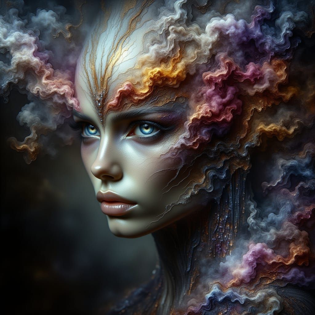 Mystic Portrait of Woman Transforming into Smoke