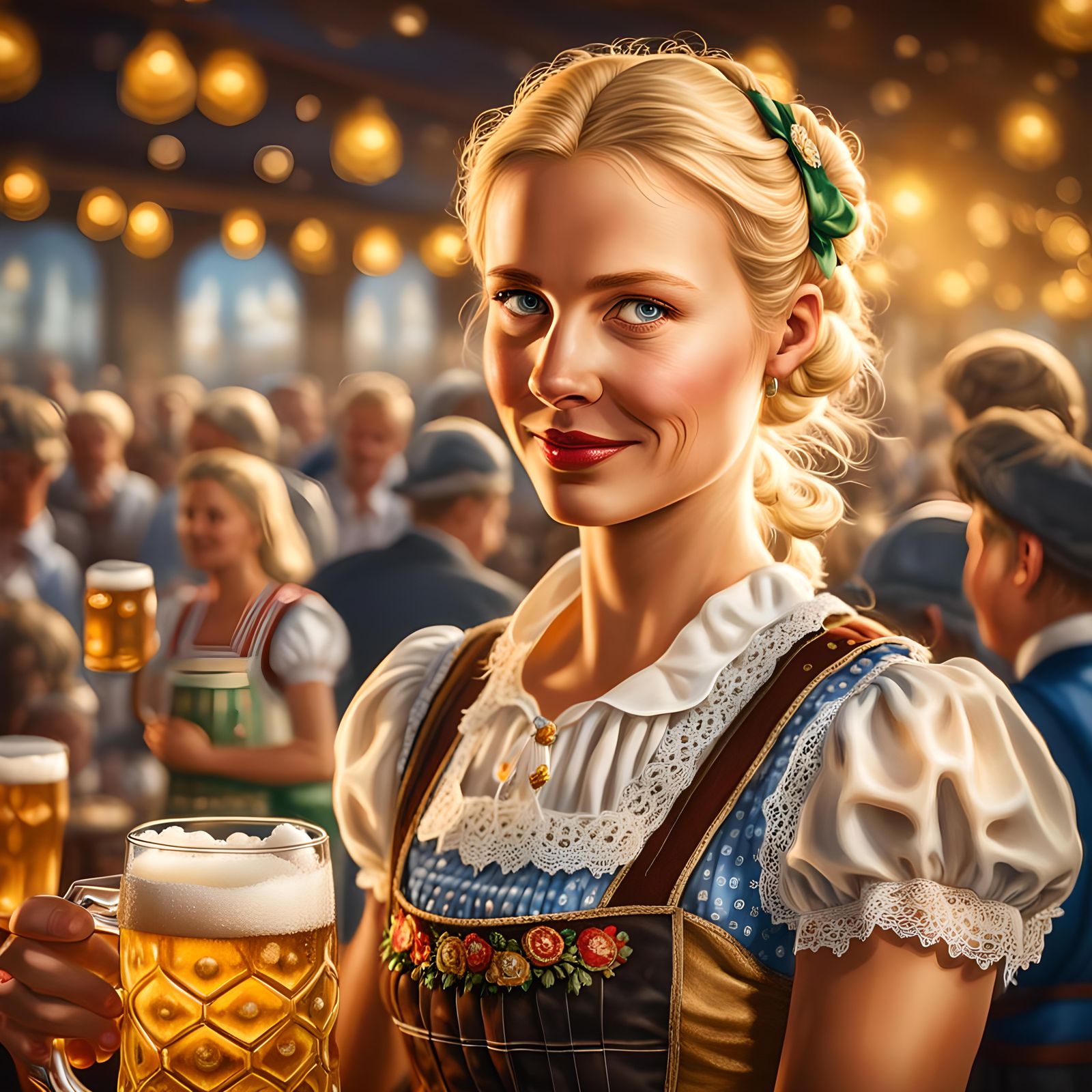 Oktoberfest Blonde Waitress Serving Beer in Hyperreal Style