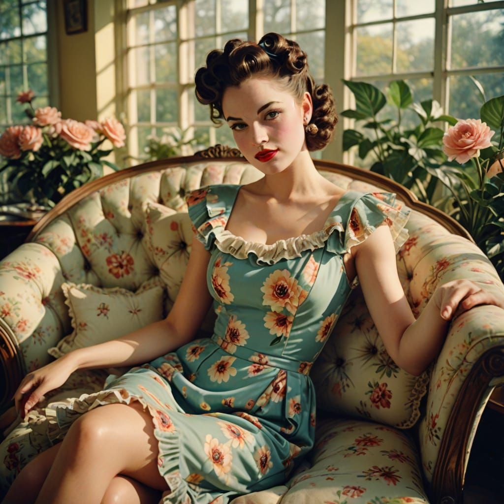 Man in Floral Dress Poses in Vintage Pin-Up Style