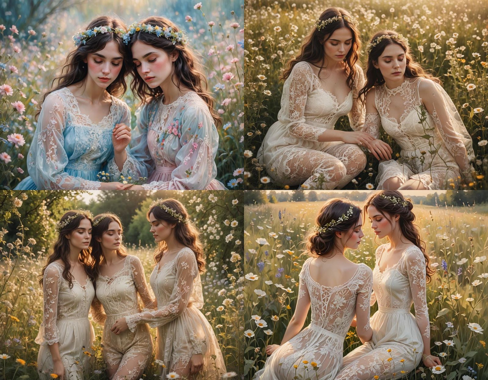 Brunette Women Intertwined in Wildflower Meadow
