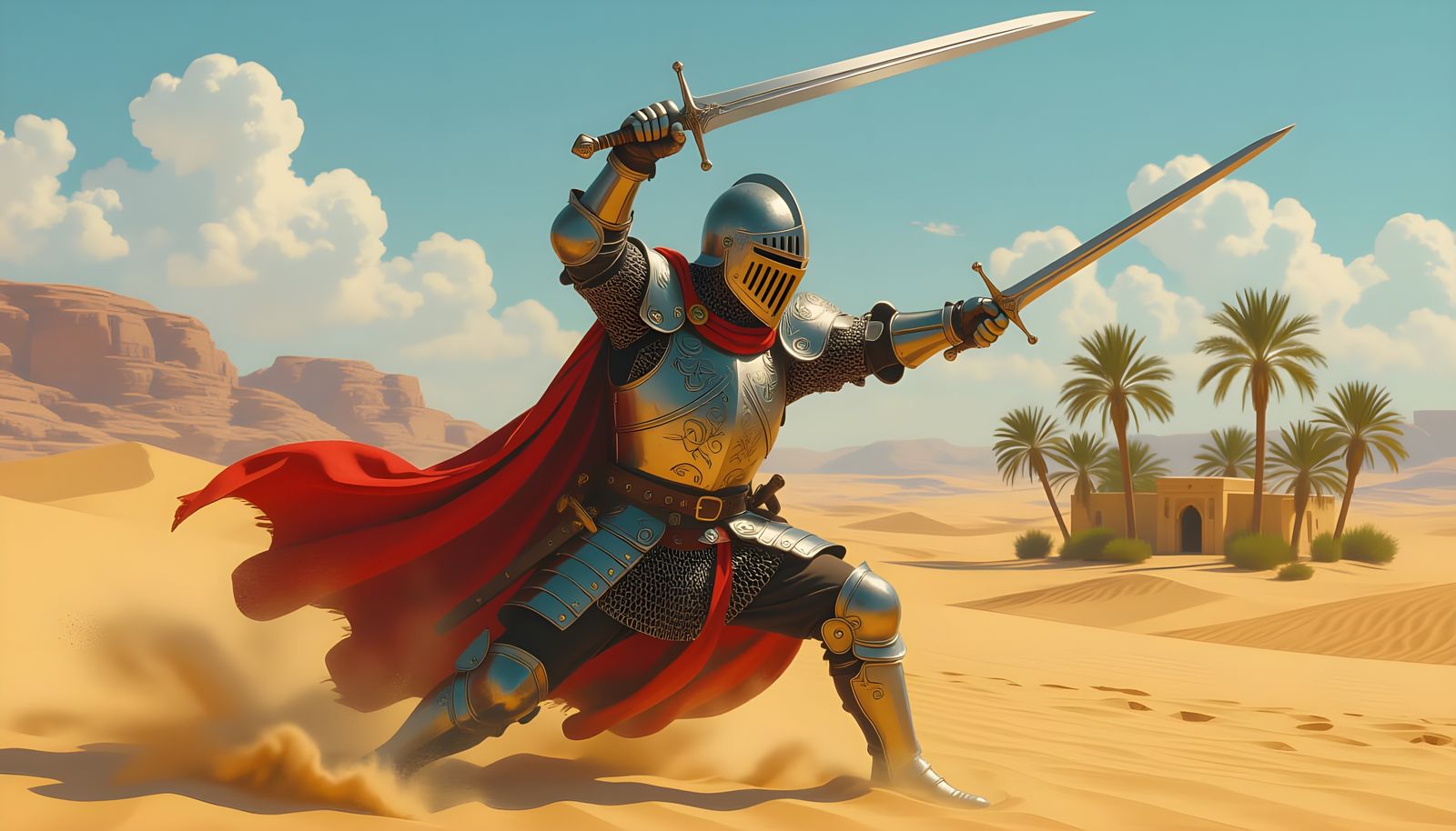 Crusader Knight Attacks From Desert Oasis