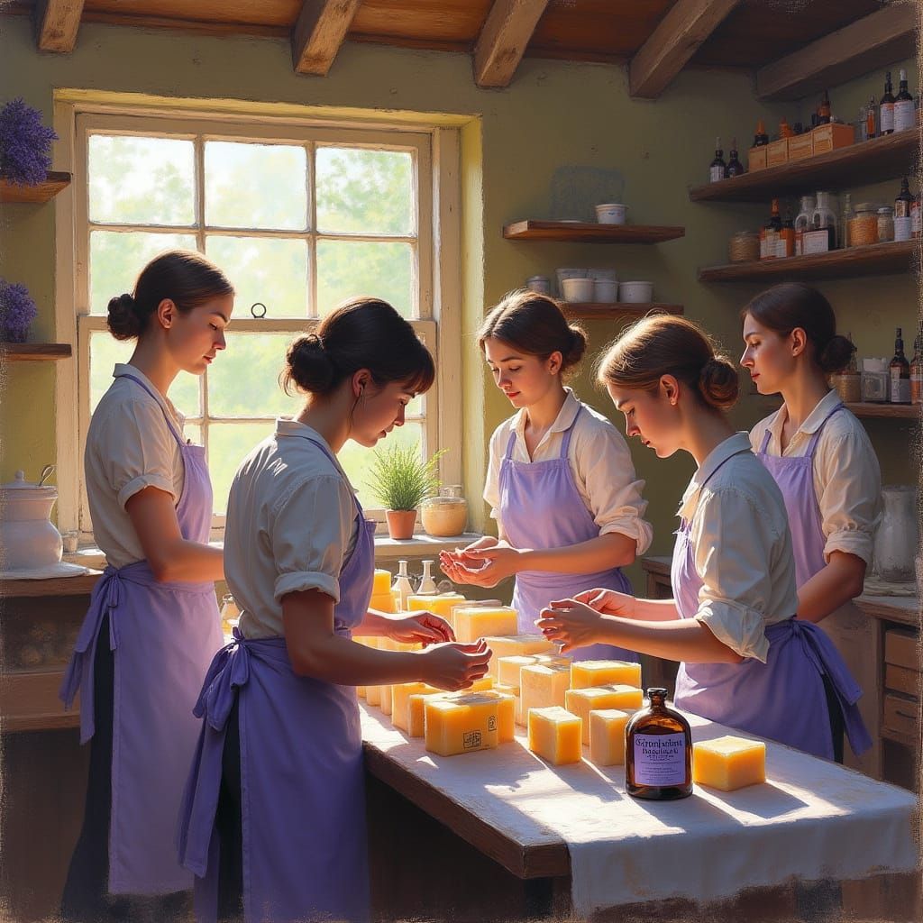 Five Women Crafting Lavender Soap in Oil Painting Style