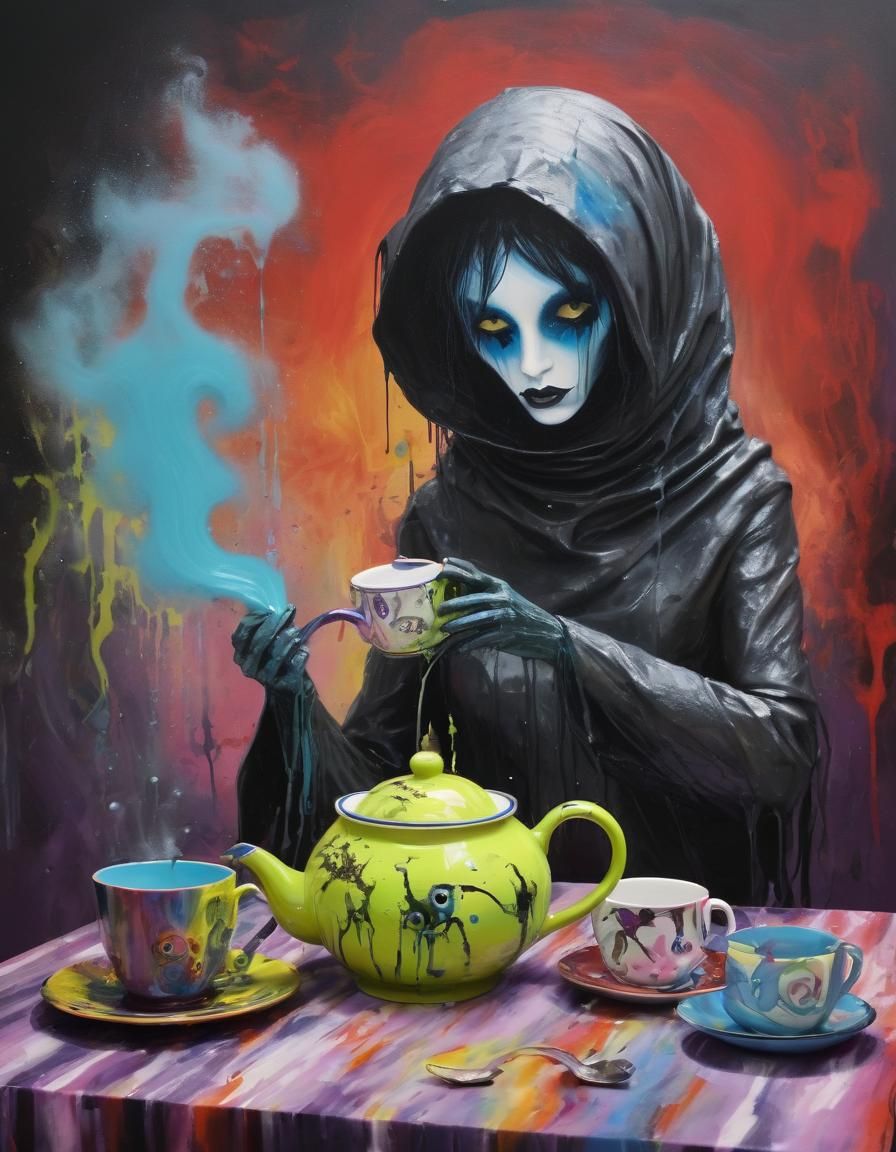 Fauvist Wraith with Teapot in Aerosol Paint Flood