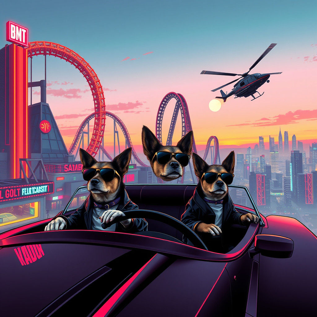 Neon Cityscape with Roller Coaster and Retro Cars