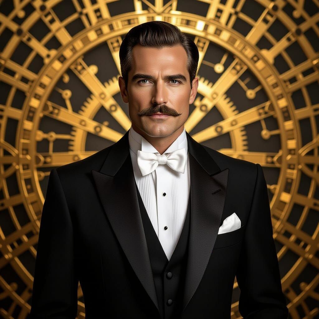 Art Deco Portrait of a Man in Tuxedo with Mechanical Backgro...