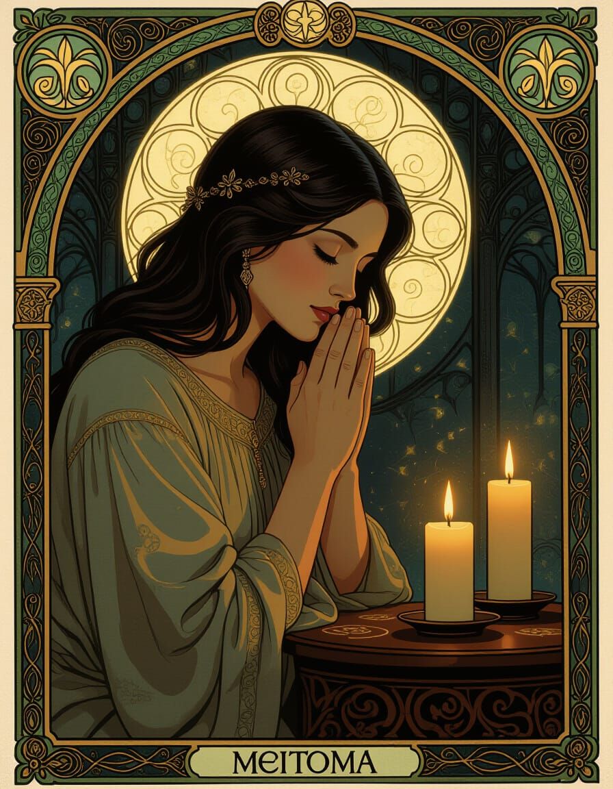 Woman in Prayer by Candlelight in Mystical Atmosphere