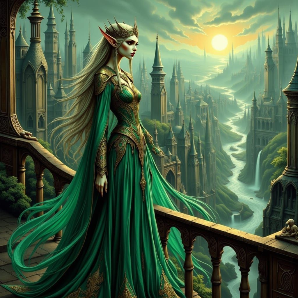 Regal Elven Queen in Emerald Gown Overlooking City