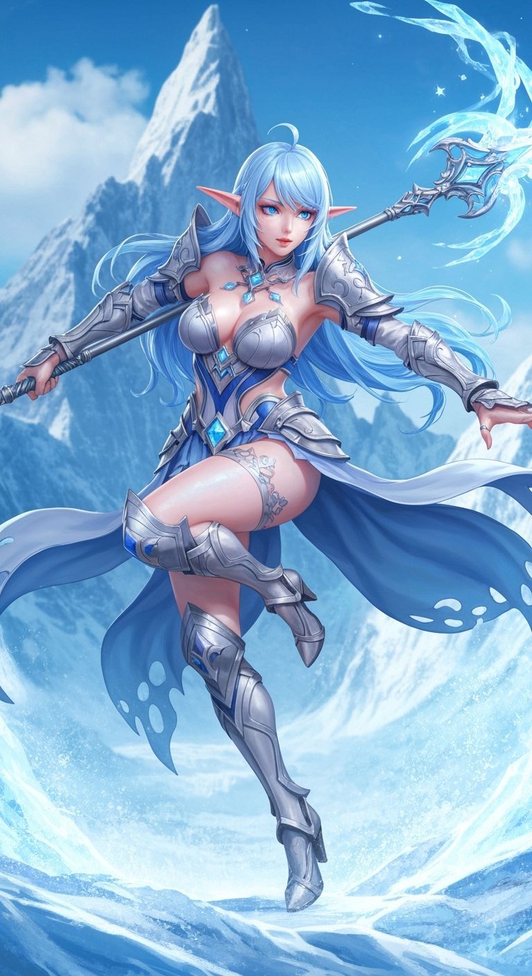 Ice Elf Warrior in 3D Anime Style