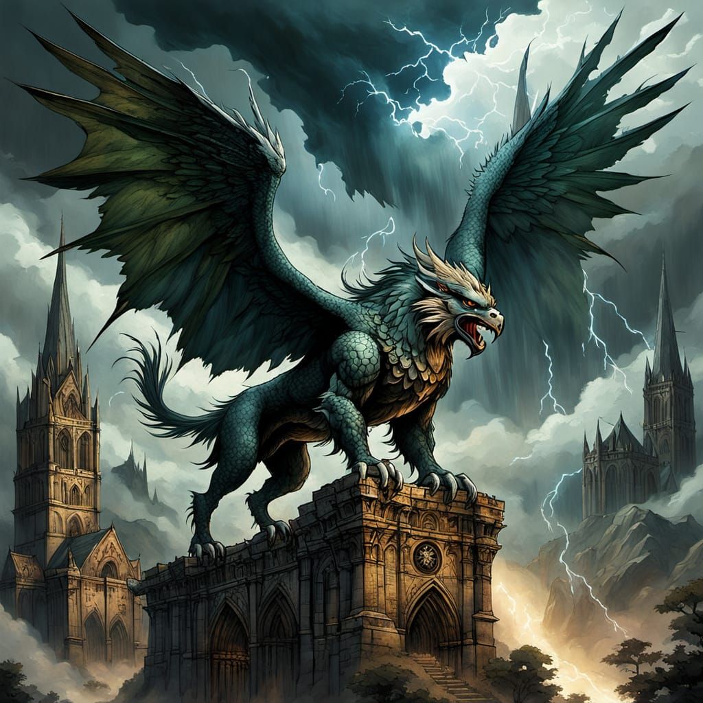 Gothic Griffin Soaring Over Stormy Cathedral