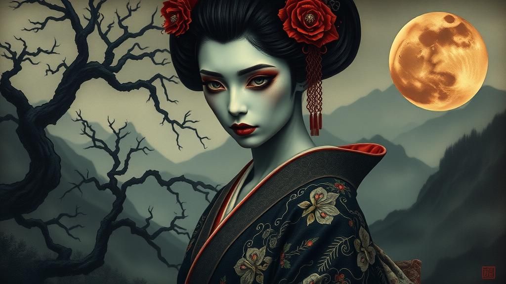 Macabre Geisha with Ancient Symbol in Surreal Setting