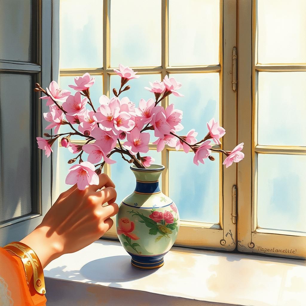 Cherry Blossoms in Impasto Style by Sunlit Window