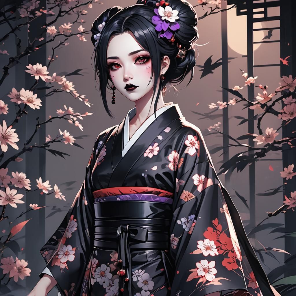 Gothic Kimono Girl: Anime Cel-Shaded Art