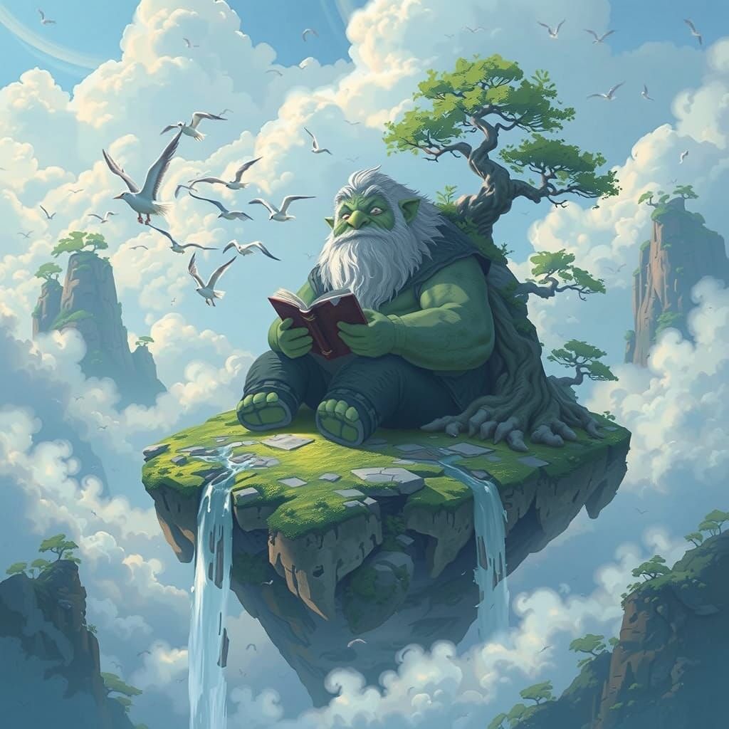 Gentle Giant Reading Ancient Tome on Floating Island