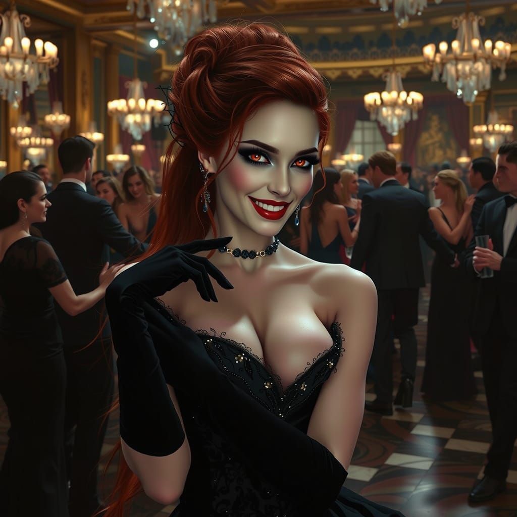 Sensual Vampire Temptress Waits on Ballroom Dance Floor