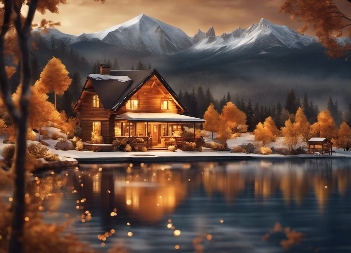 Cozy Cabin in Autumnal Landscape with Snow