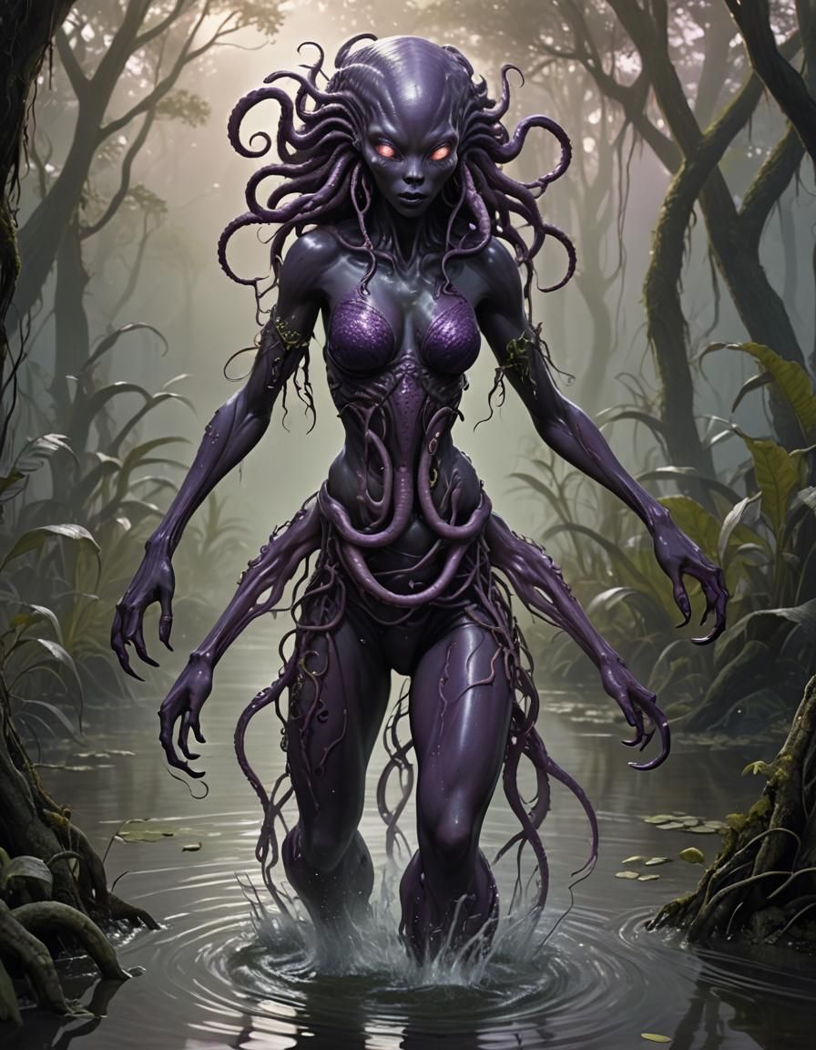 Beautiful Purple Alien Striding Through Swamp