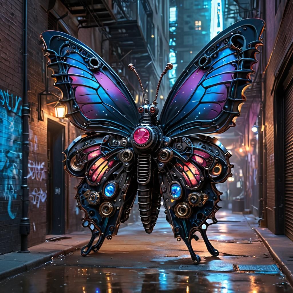 Steampunk Butterfly Graffiti in Neon Cityscape