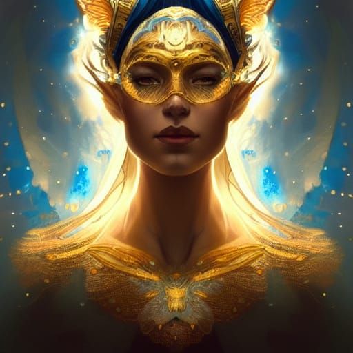 Moth Goddess Portrait in Gold and Blue