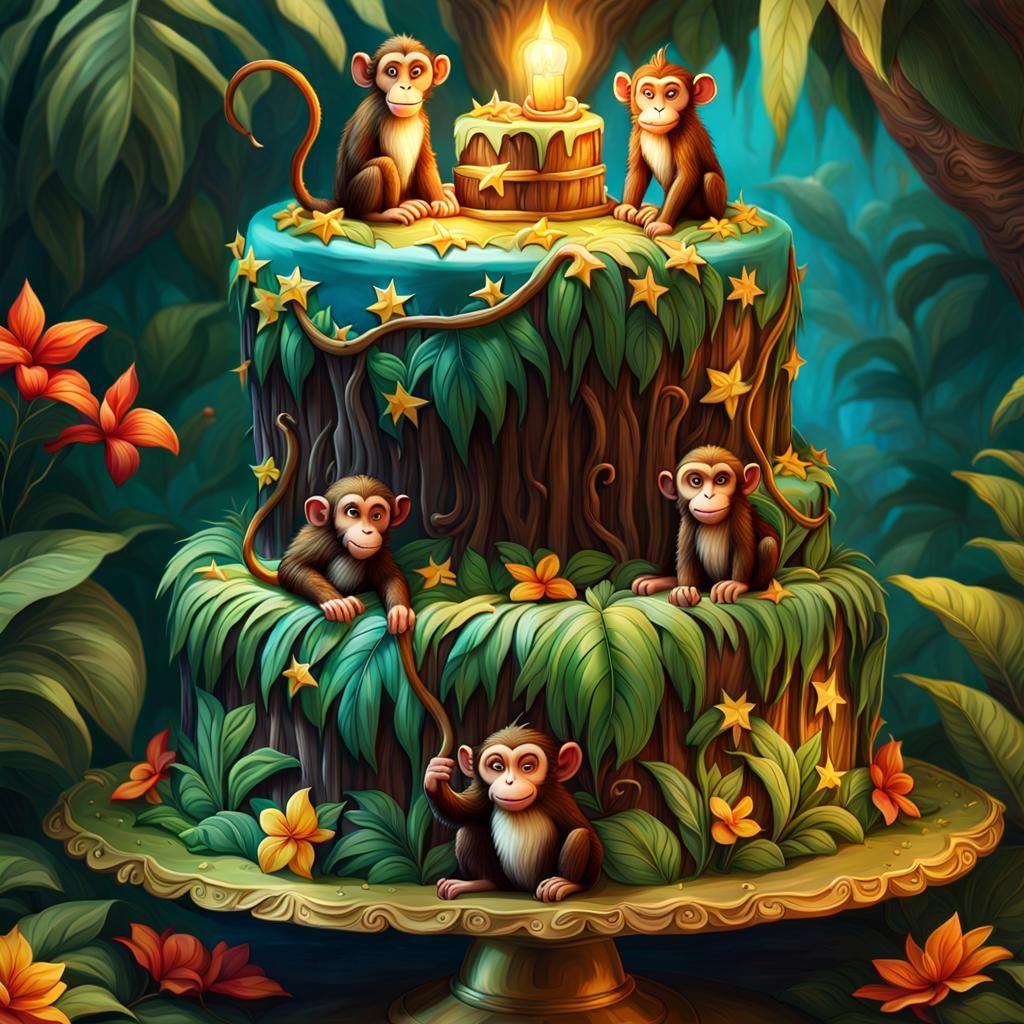 Swinging Monkey's Jungle Scene Happy Birthday Cake