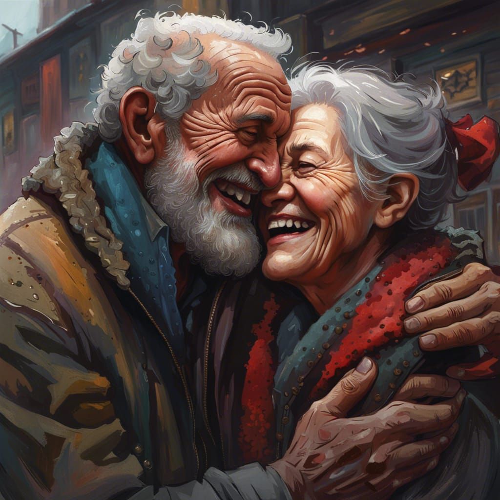 Detailed Portrait: Old Couple Hugging and Laughing