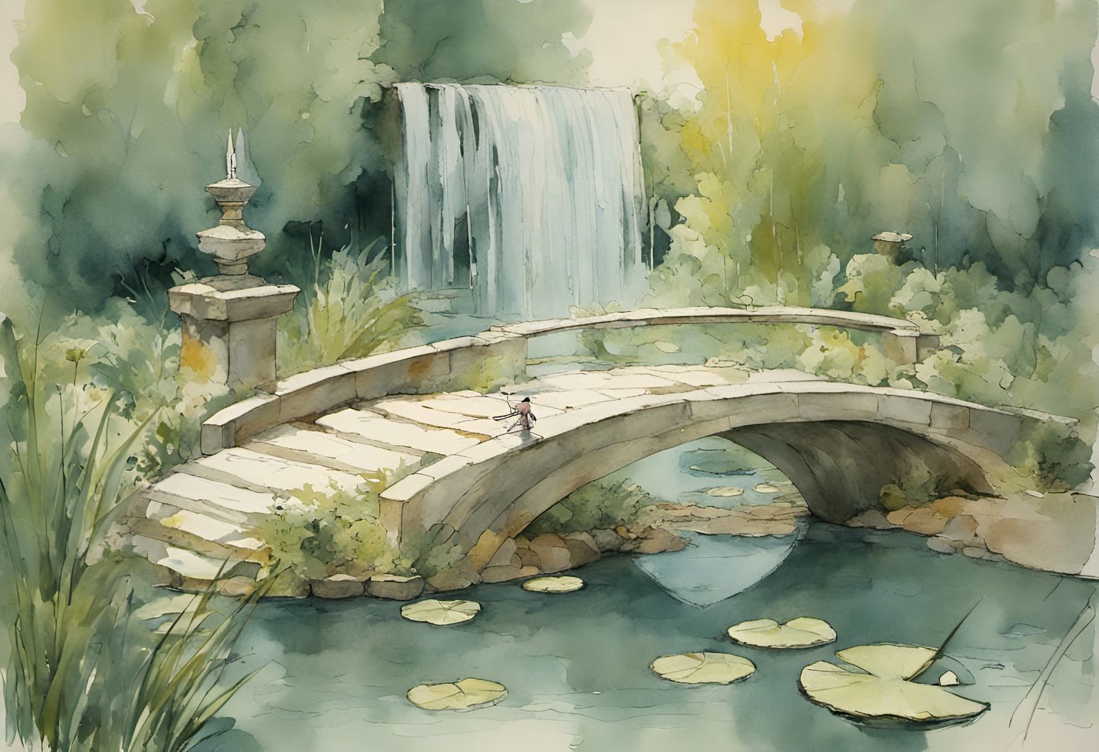 Picturesque Stone Bridge Over Water Feature