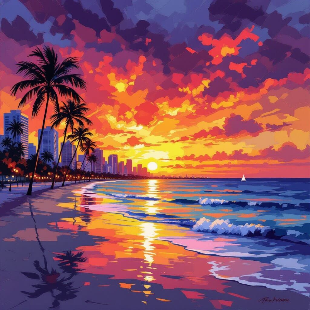 Vibrant Miami Sunset Cityscape with Palm Trees