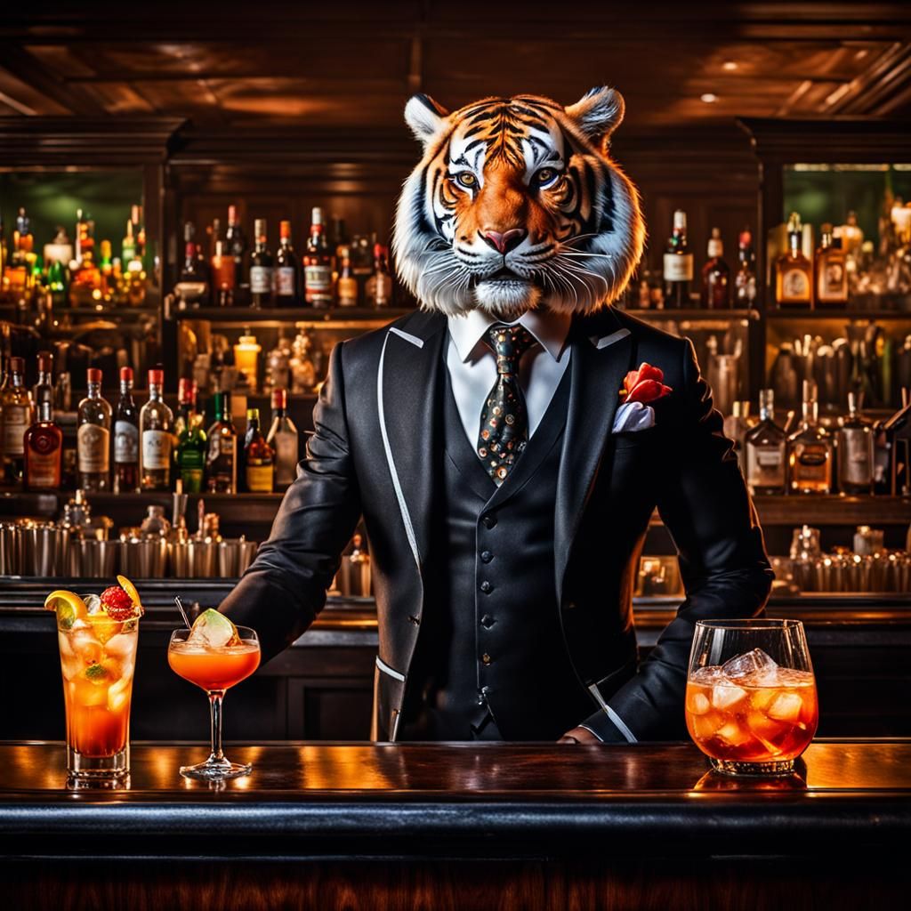 Tiger Bartender Balances Cocktails in Hyperrealistic Style