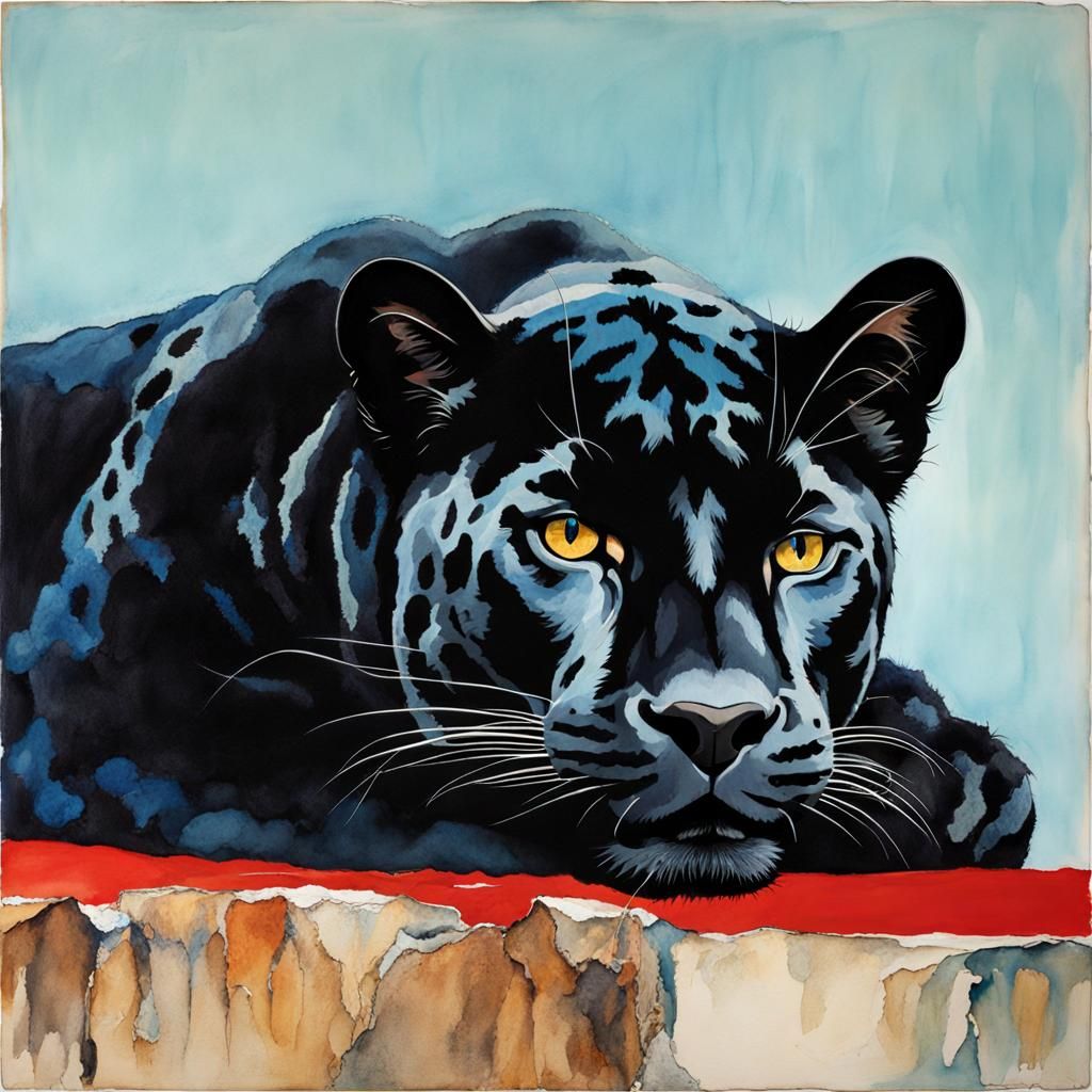 Black Jaguar Portrait in Watercolor Sketch Style