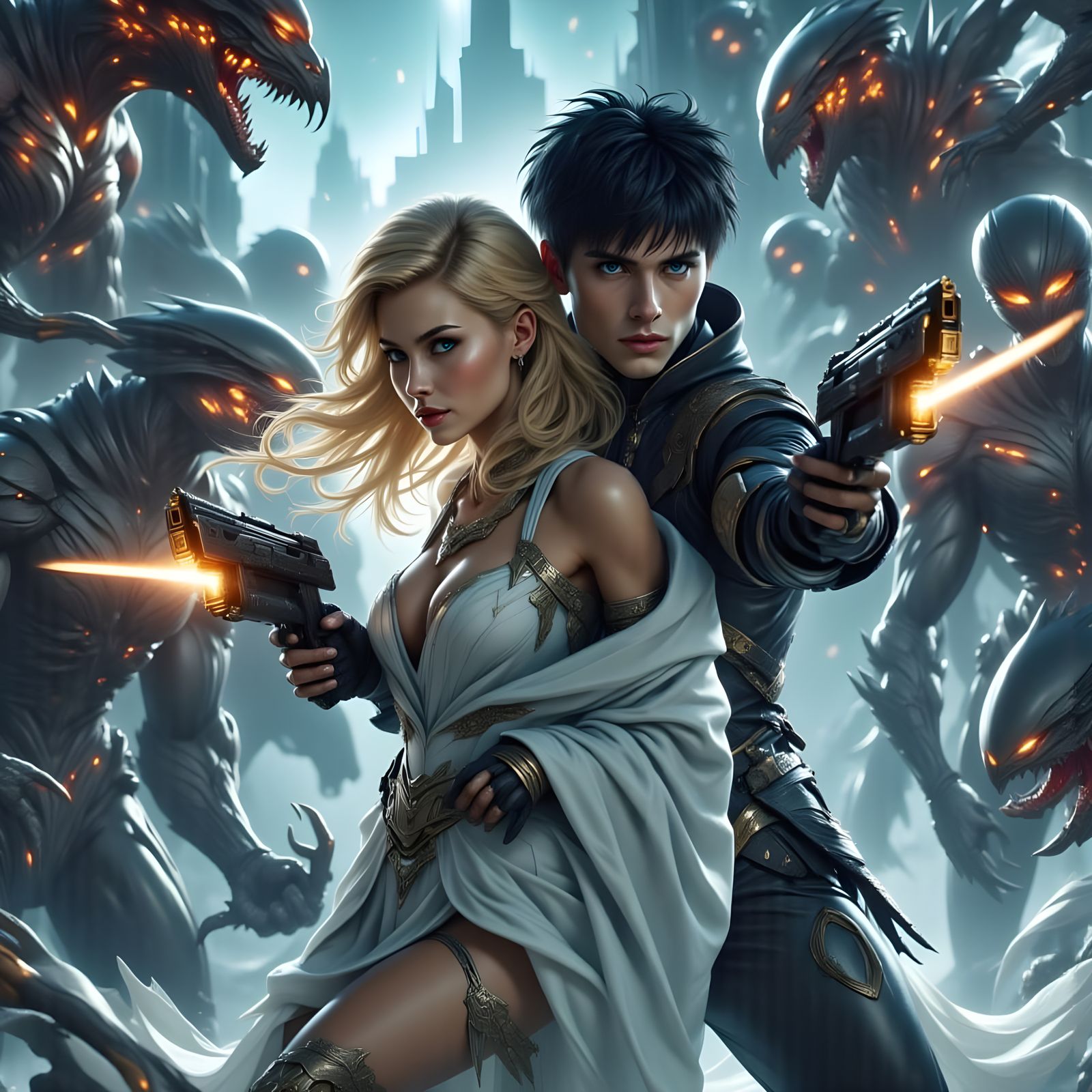 Futuristic Heroes Battle Alien Horde in Ethereal Style