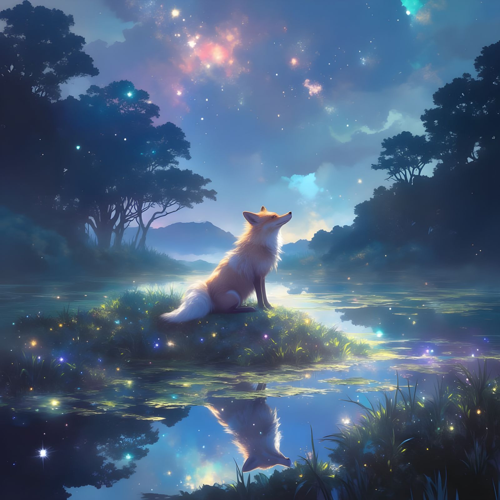 Ethereal Fox Portrait in a Dreamy Twilight Landscape