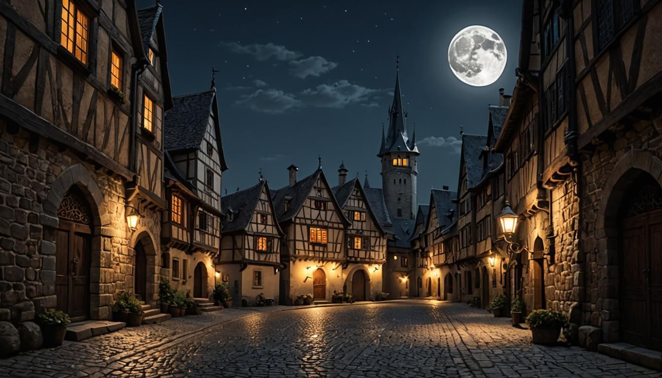 Medieval City Street at Night with Watchman