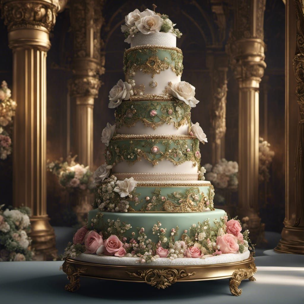 Intricate Wedding Cake with Gold and Green Details
