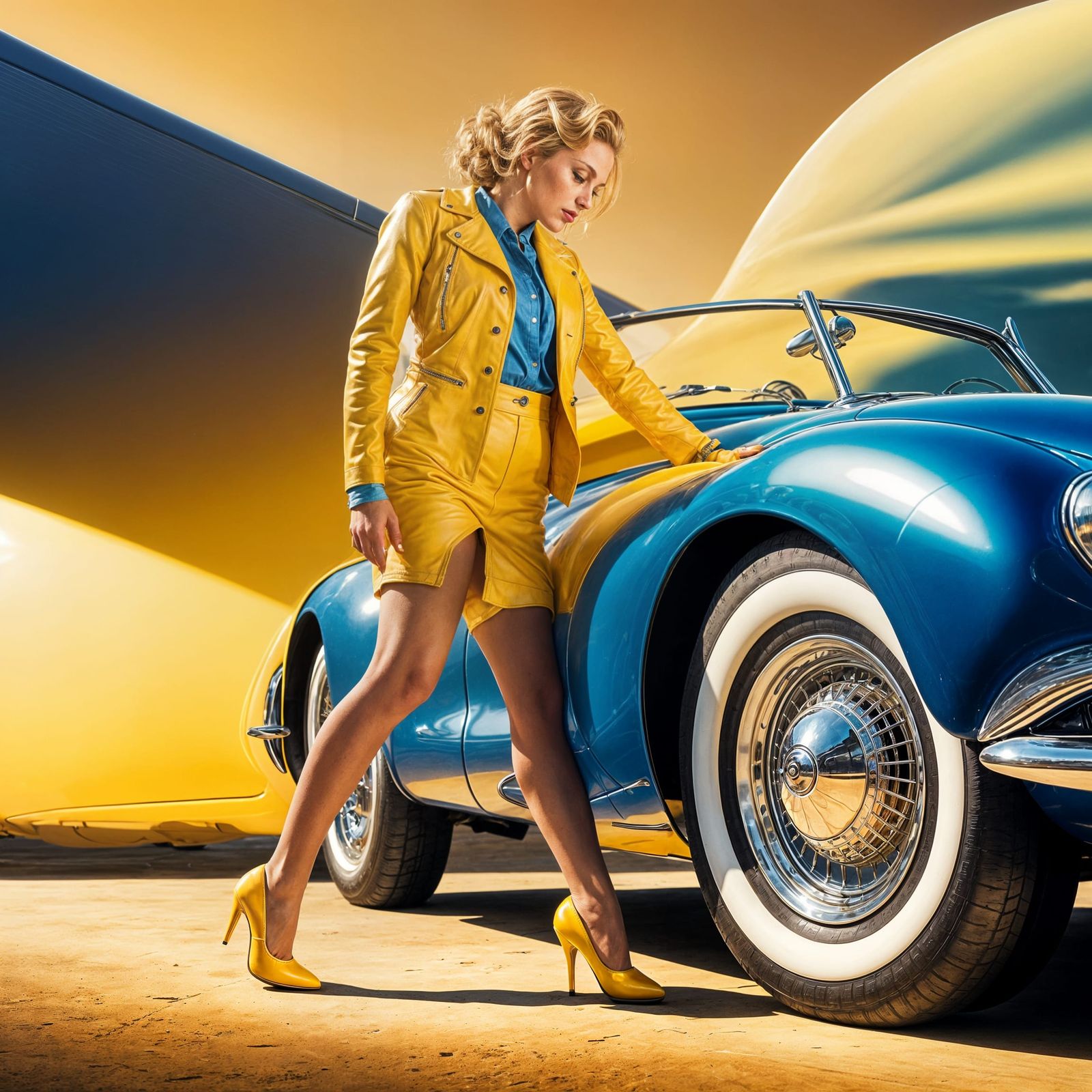 Pin-Up Girl in Yellow Leather Leans on Jaguar