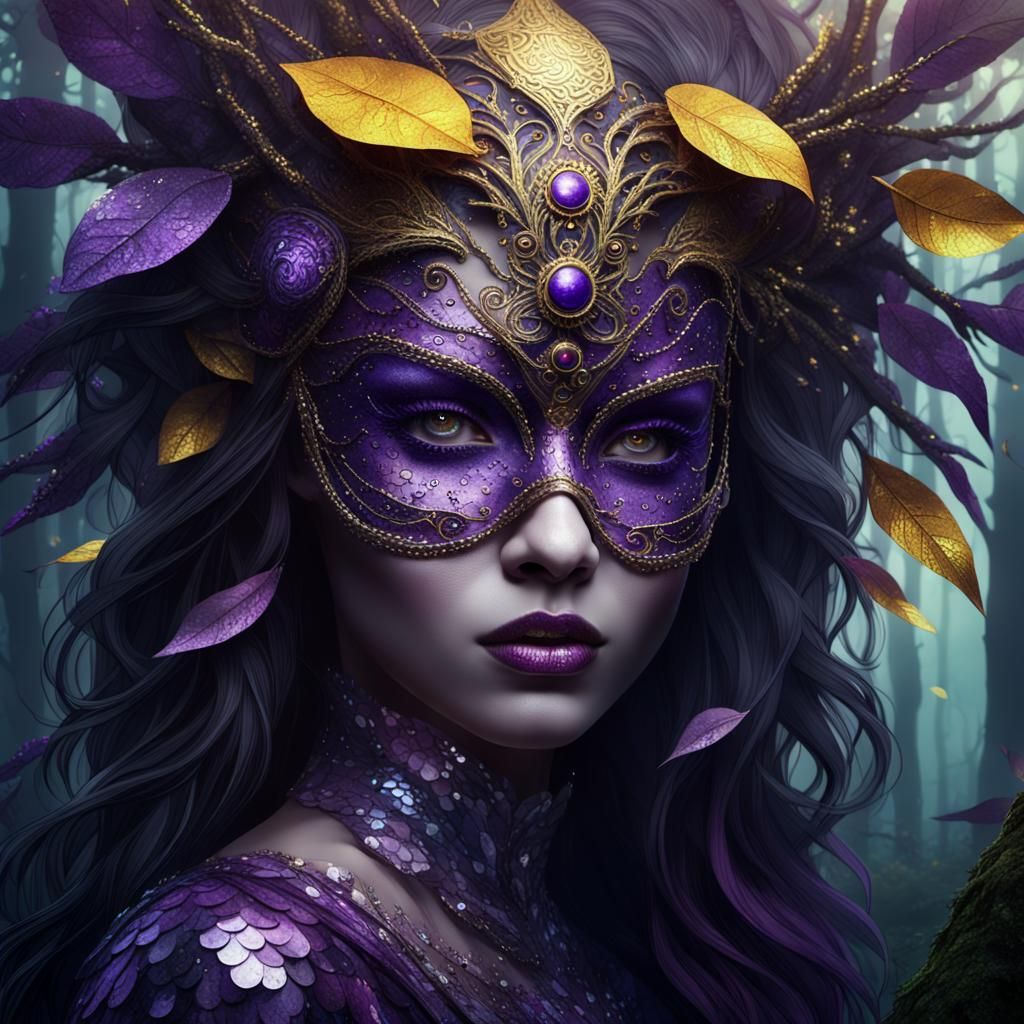 Mystical Masked Woman in Dark Fantasy Forest
