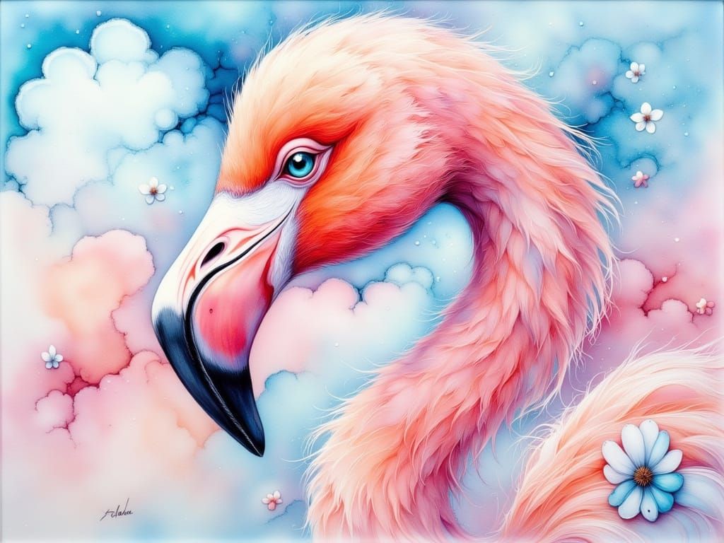 Detailed Pink Flamingo Painting in Acrylic and Watercolor