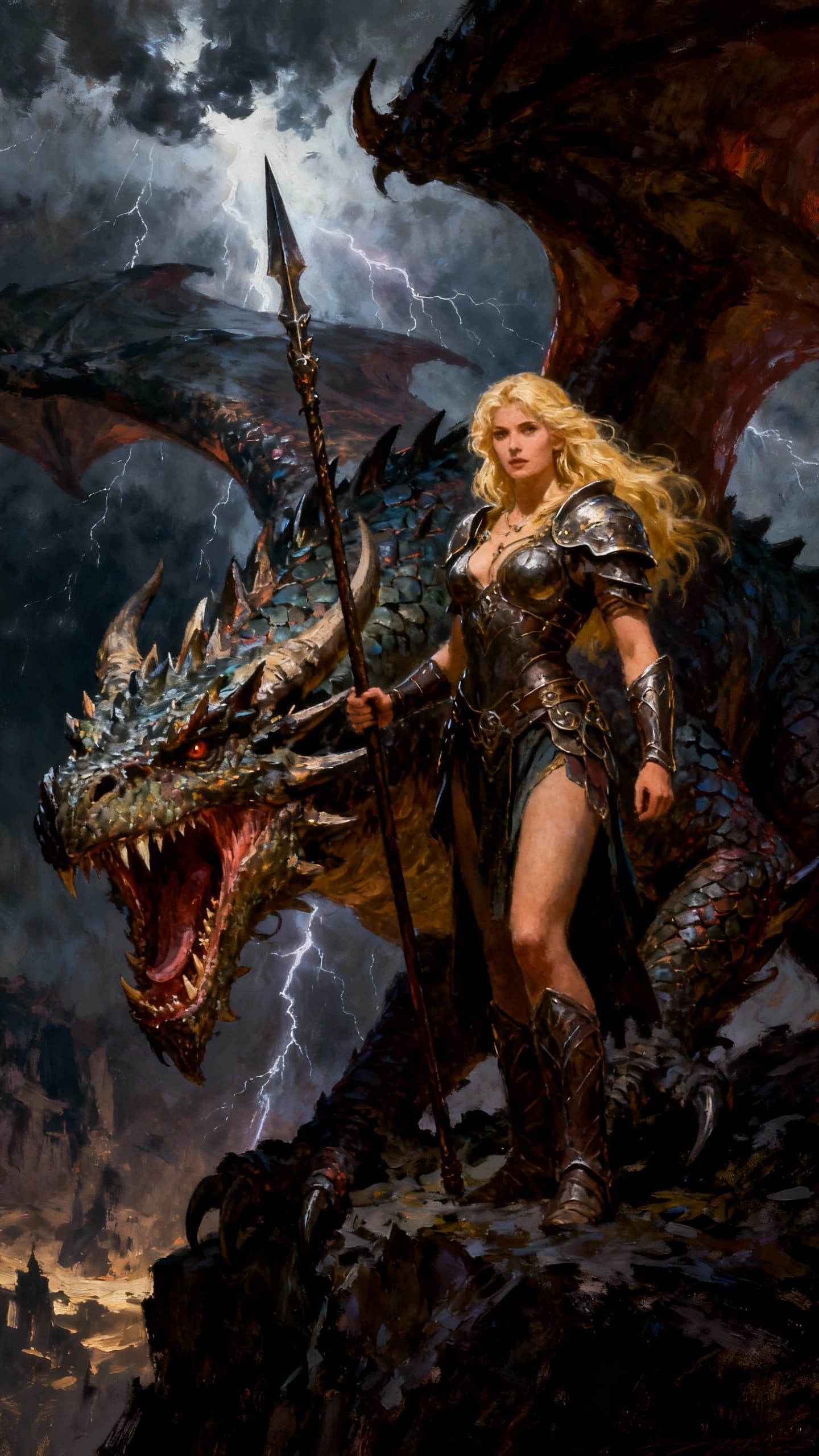 Warrior Girl and Dragon in Stormy Landscape Oil Painting