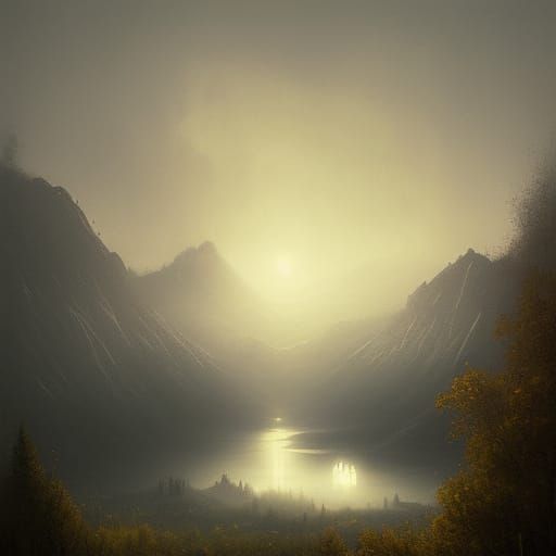 Sinister Foggy Mountains and Town at Evening