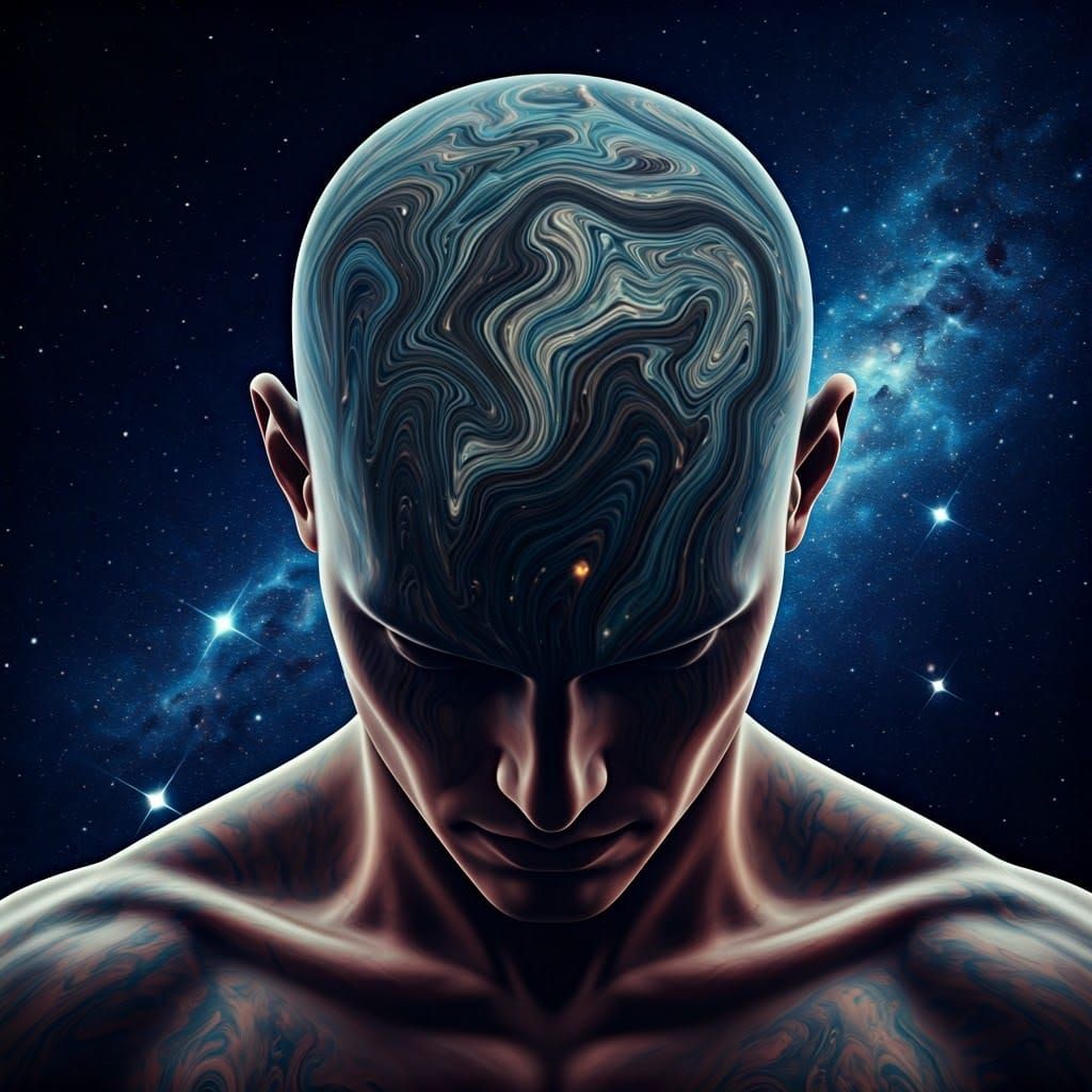 Surreal Marbled Man Portrait with Cosmic Starry Void