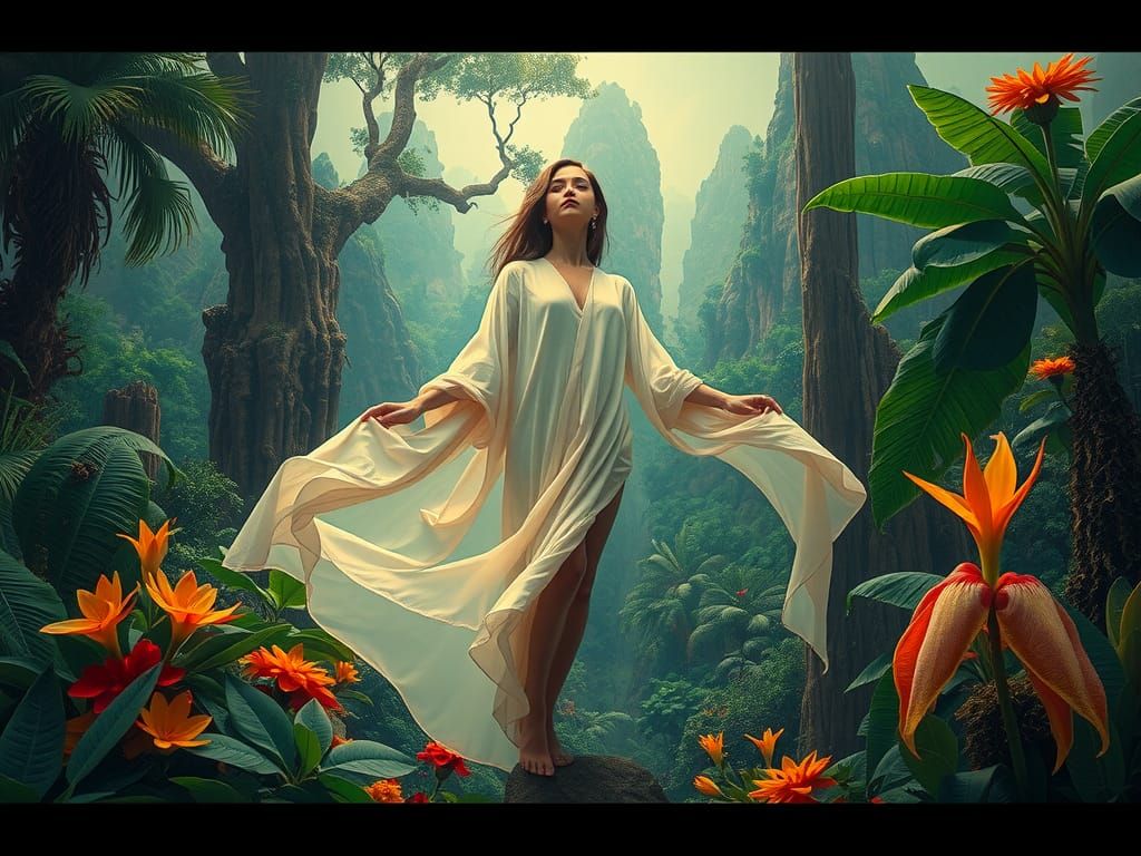 Serene Woman in Paradise: a Surreal Biomorphic Dreamscape