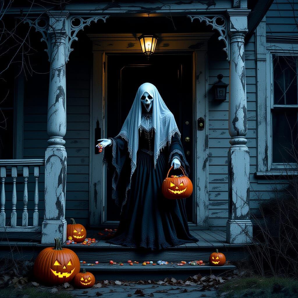 Ethereal Ghost Offers Candy at Haunted House on Halloween Ni...