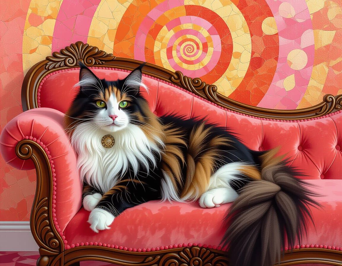 Fluffy Calico Cat in Luxurious Parlor, Klimt Style