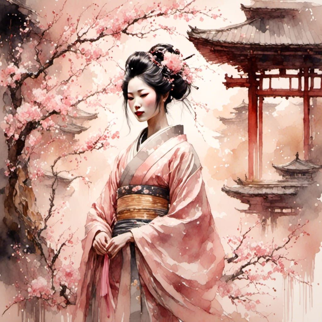 Serene Geisha Portrait in Traditional Watercolor Style