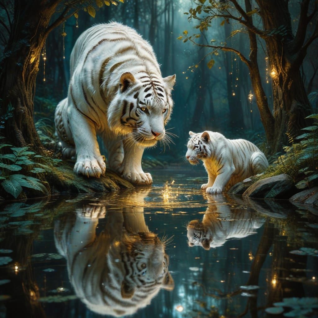 Majestic White Tigers in Enchanted Woodland with Golden Glit...